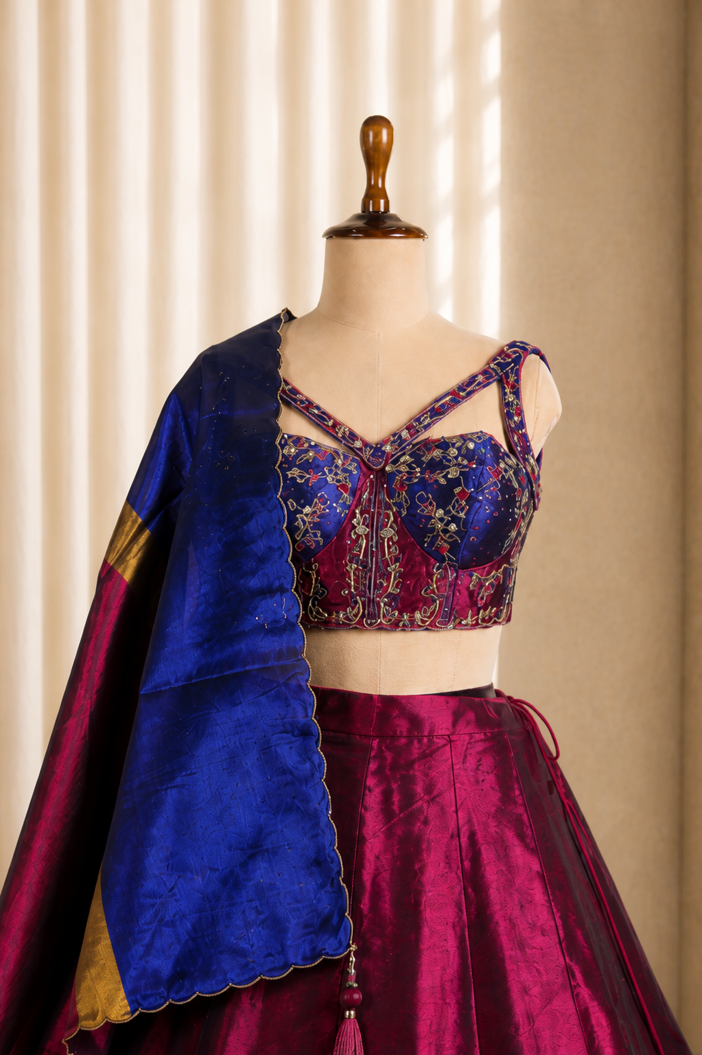 Dashing Short Corset Style Red-Blue Lehenga Choli on Silk