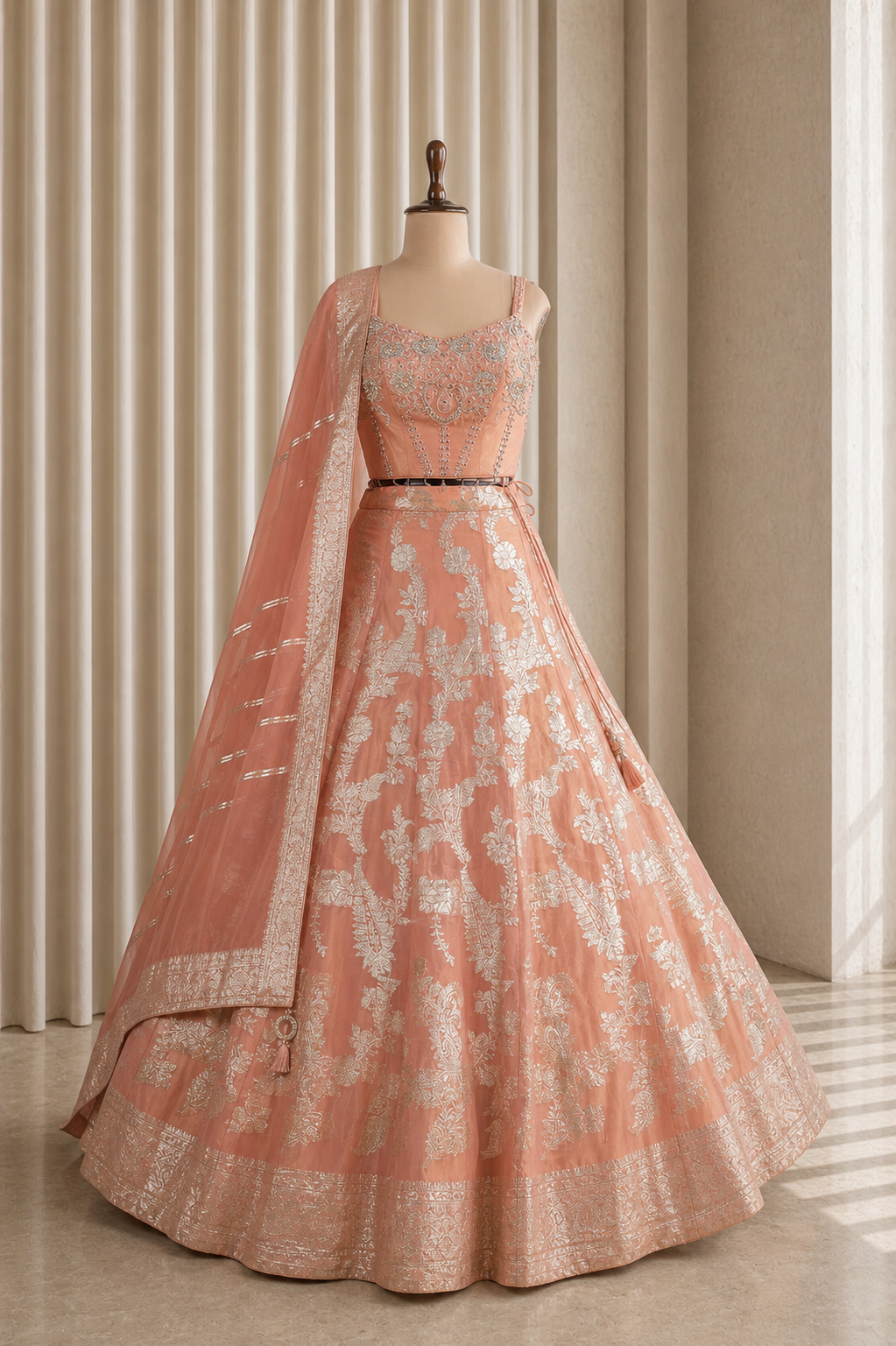 Beautiful peach Corset lehenga Choli With Weaving print