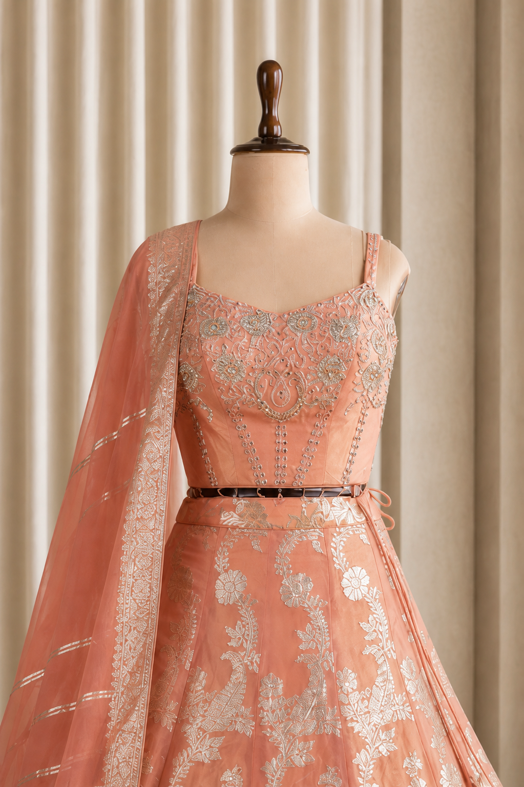 Beautiful peach Corset lehenga Choli With Weaving print