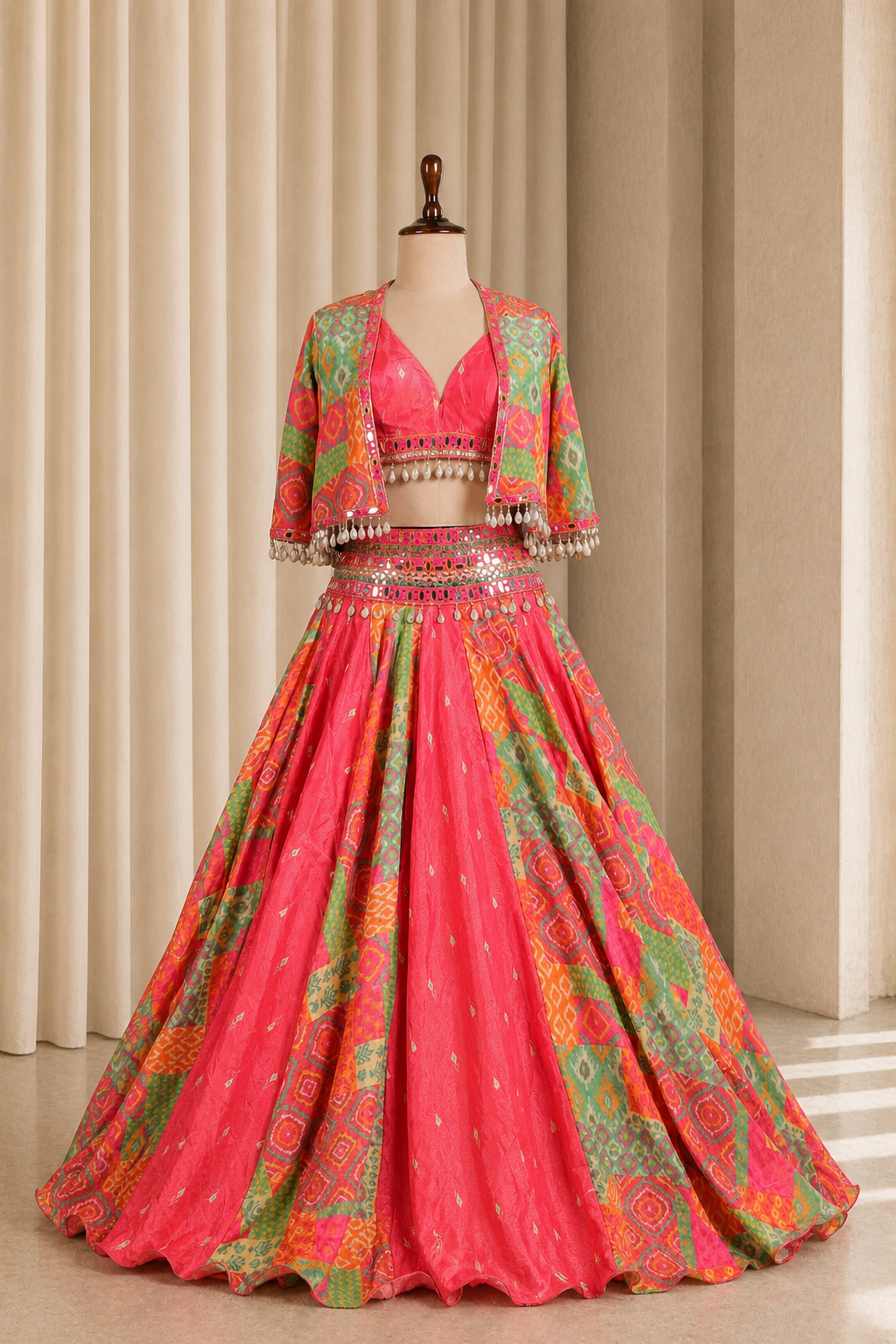 Amazing Red-Rani Jacket Style Lehenga choli With Mirror work