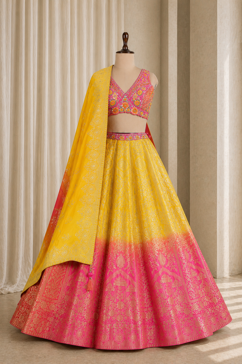 Beautiful Yellow-Multicolored Banarasi Weaving lehenga