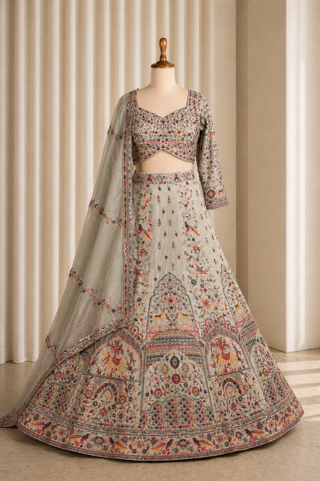 Incredible Grey-Multicolored embroidered Lehenga Choli