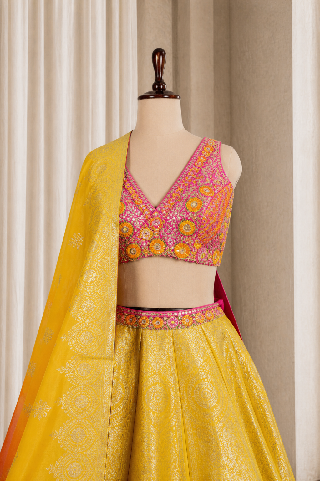 Beautiful Yellow-Multicolored Banarasi Weaving lehenga