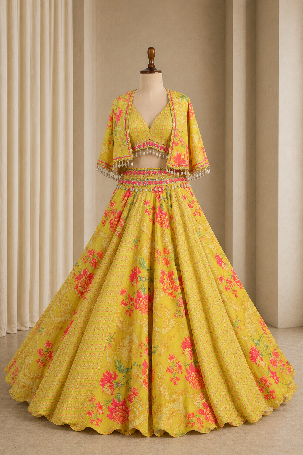 Attractive Yellow Jacket Style printed Lehenga Choli