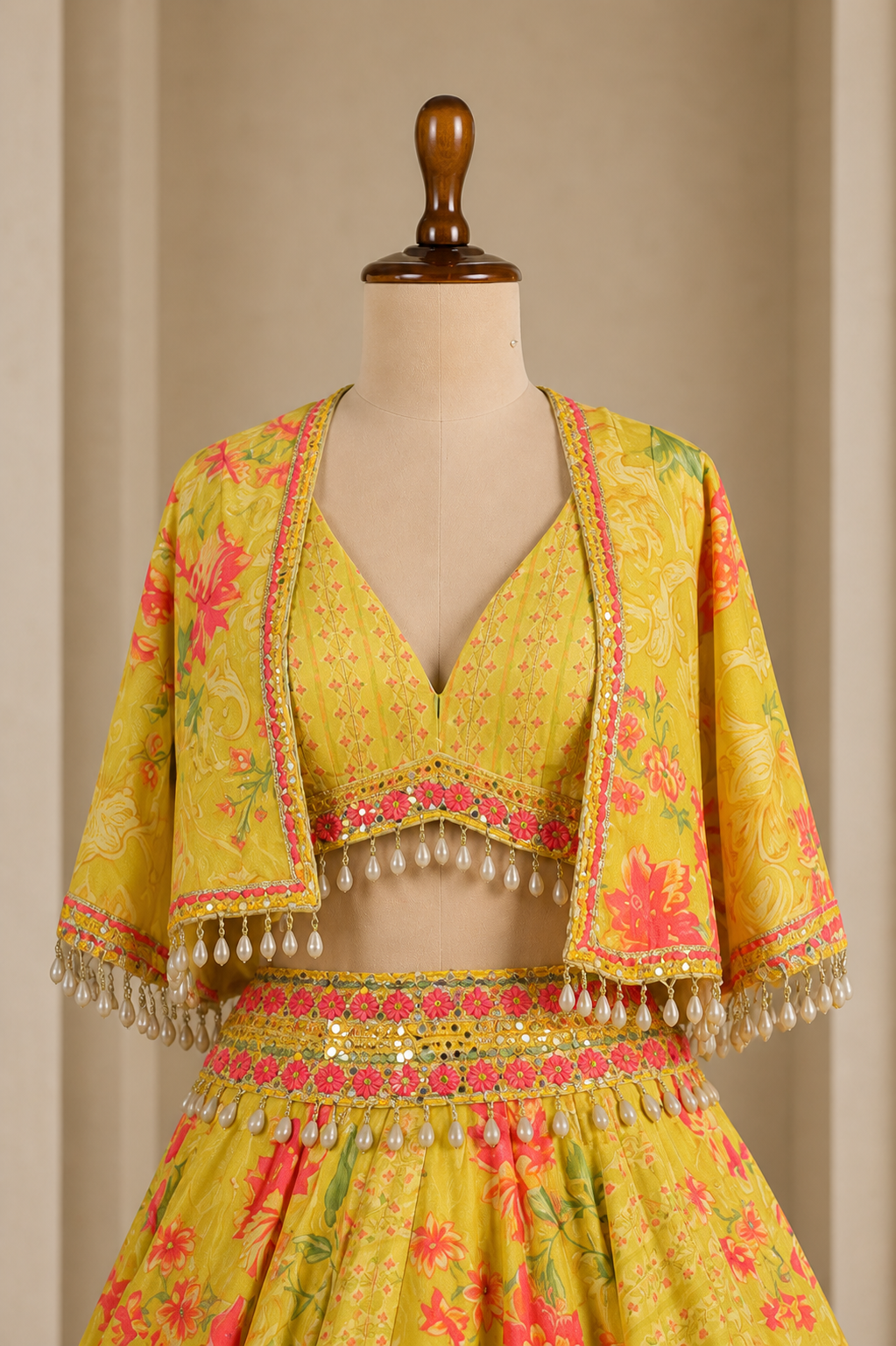 Attractive Yellow Jacket Style printed Lehenga Choli