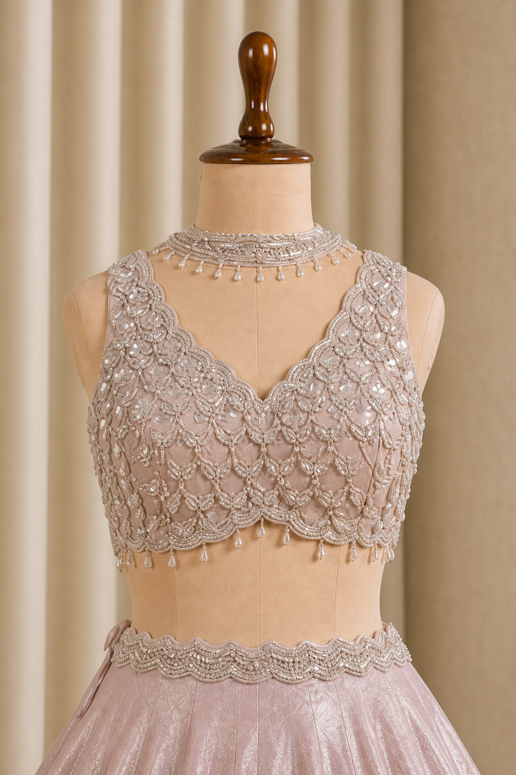 Designer Rose Gold Lehenga With Beads And Designer Work