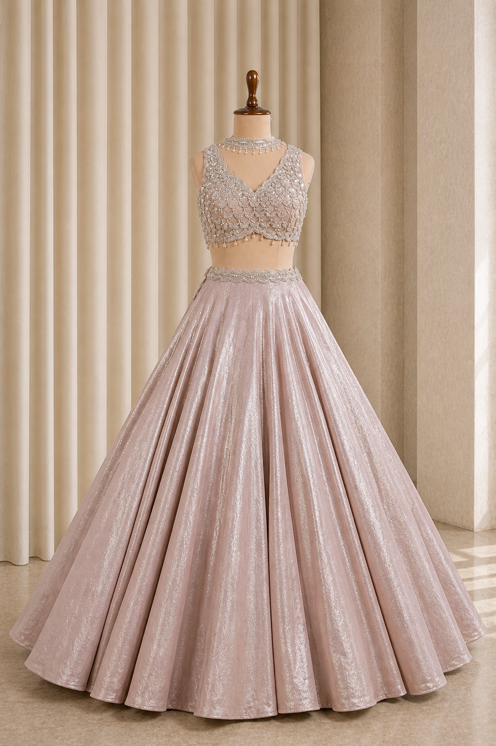 Designer Rose Gold Lehenga With Beads And Designer Work