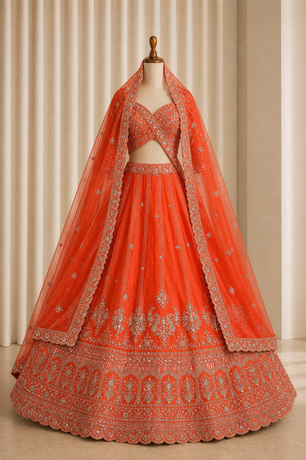 Gorgeous Bright net-dupion Silk red Bridal Lehenga