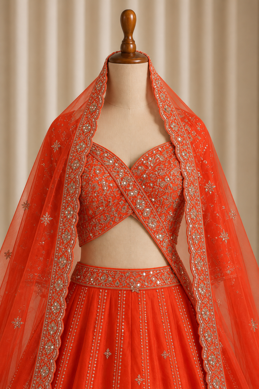 Gorgeous Bright net-dupion Silk red Bridal Lehenga