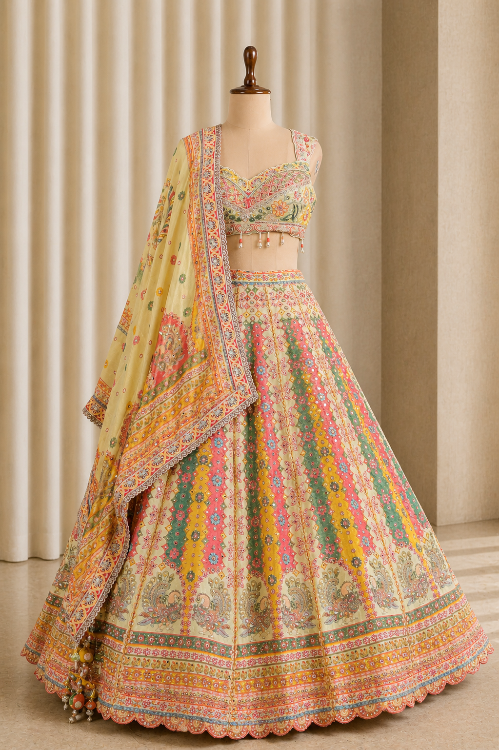 Stunning Yellow-Beige Multicolor Designer Lehenga with Sequins Work