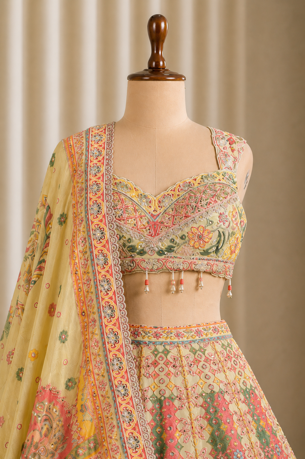 Stunning Yellow-Beige Multicolor Designer Lehenga with Sequins Work