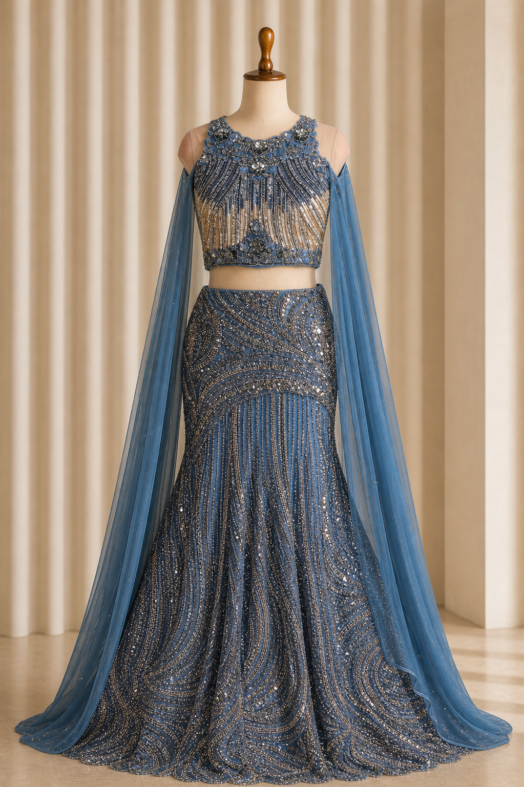Amazing Cyan-Gold Designer Fish Cut Lehenga choli with sequins work