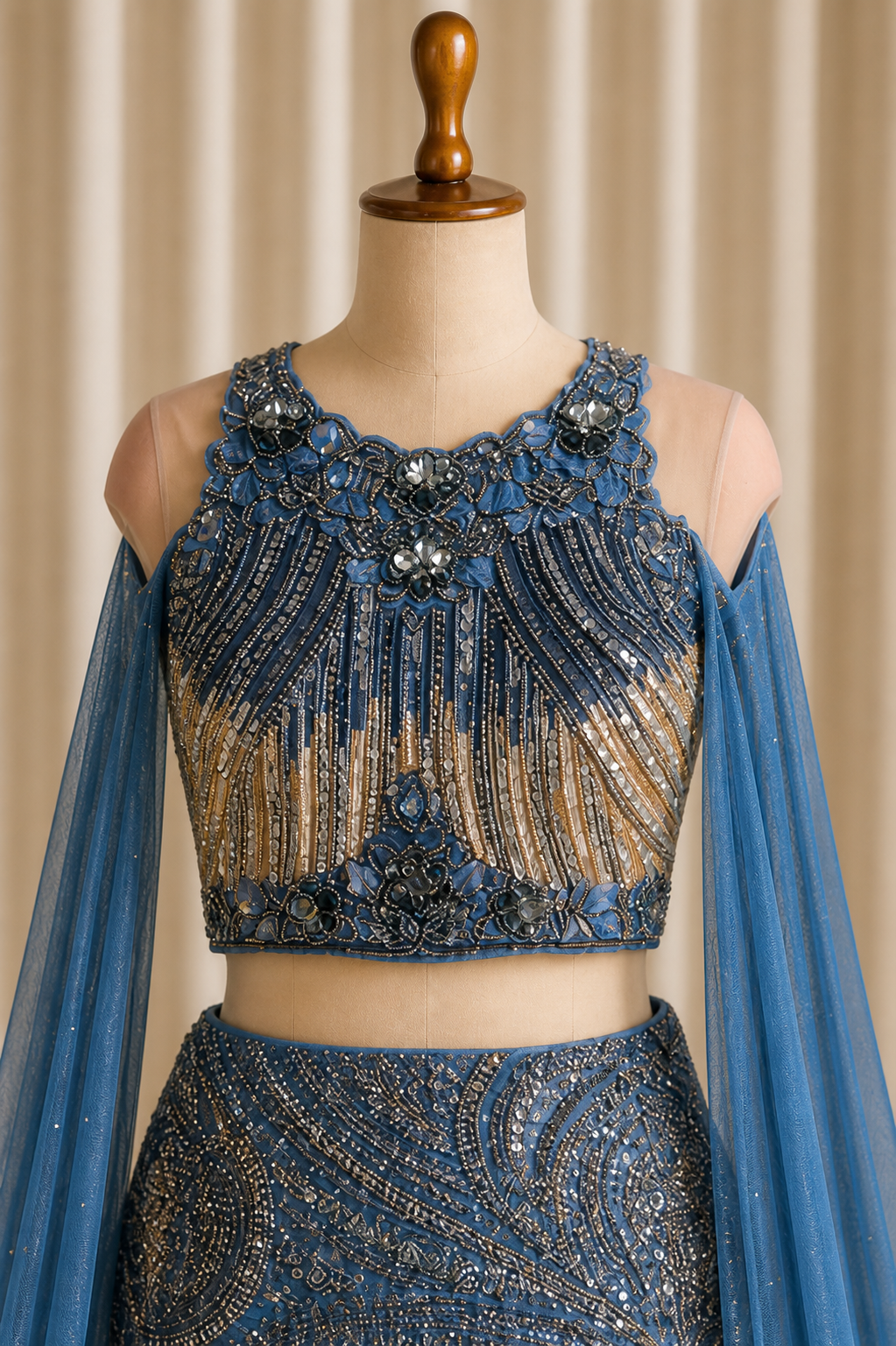 Amazing Cyan-Gold Designer Fish Cut Lehenga choli with sequins work