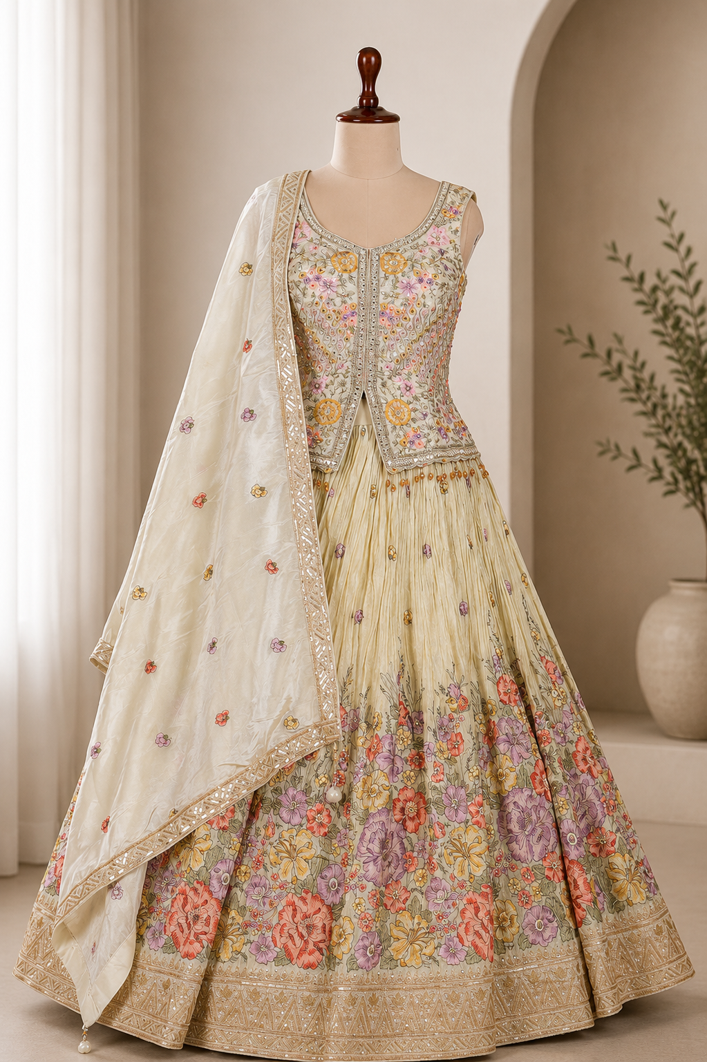 Stunning Beige-Multicolored Lehenga with Sequins And Mirror Work