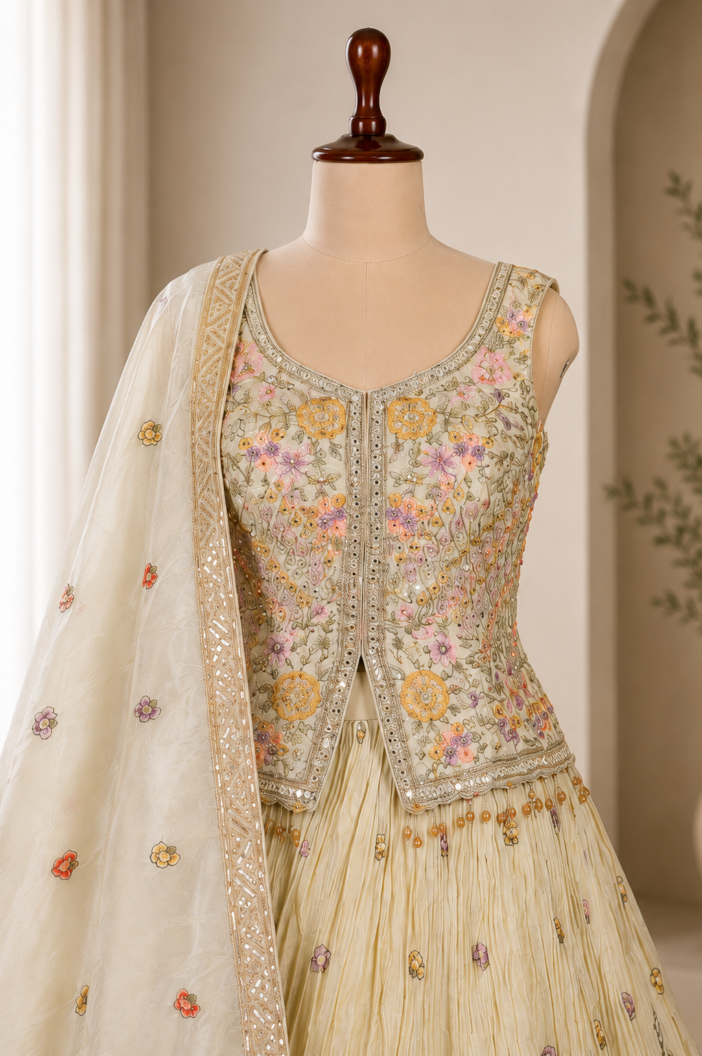 Stunning Beige-Multicolored Lehenga with Sequins And Mirror Work
