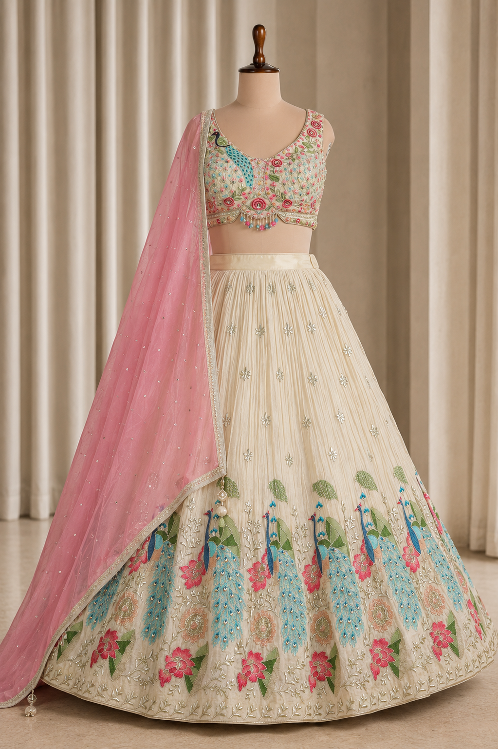 Sequined Georgette Lehenga in Beige And Pink Color