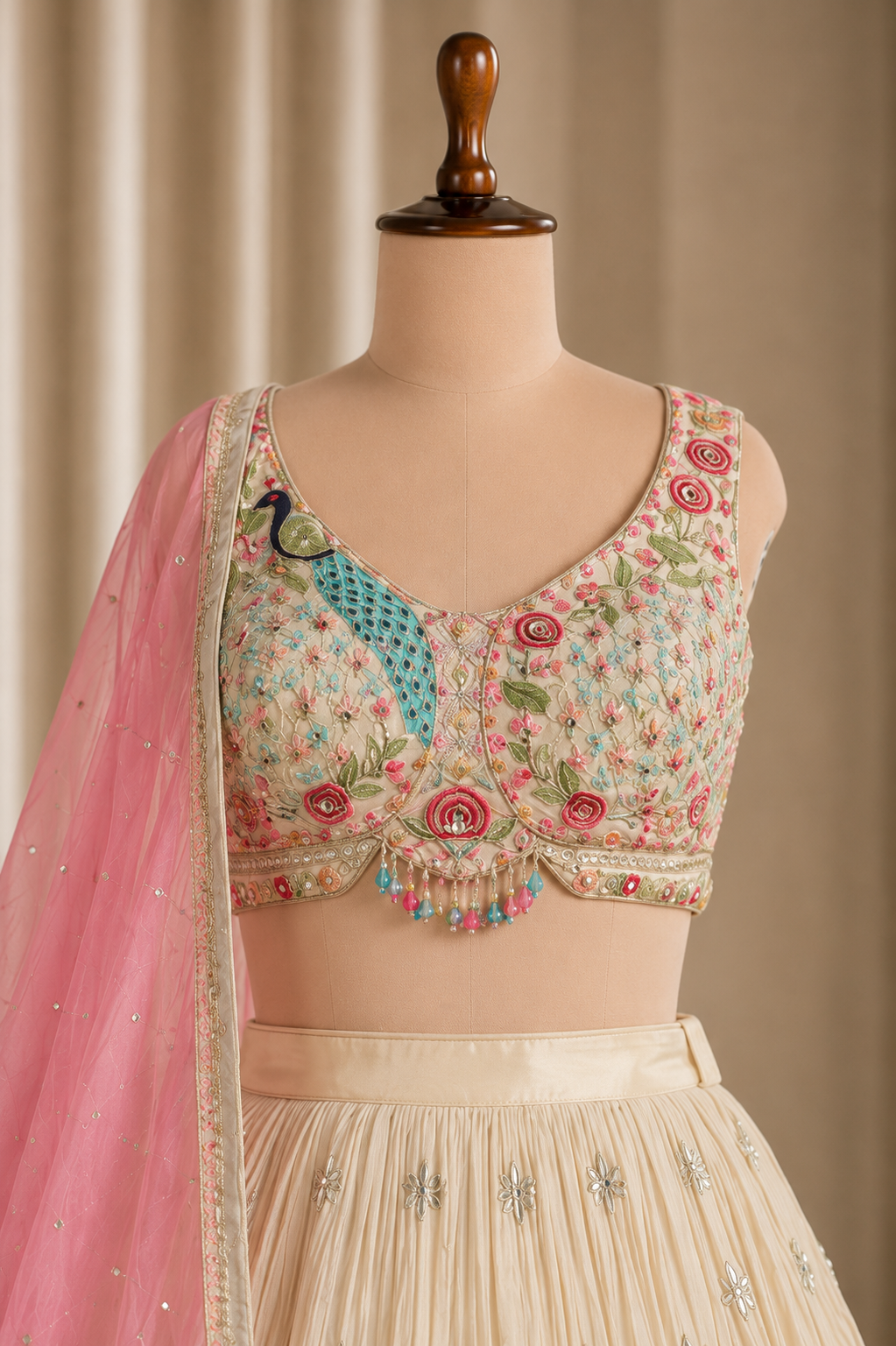 Sequined Georgette Lehenga in Beige And Pink Color
