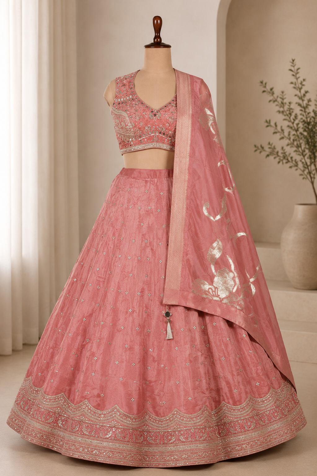 Gorgeous Peach-Pink Lehenga With Mirror, Zari And Zardozi Work