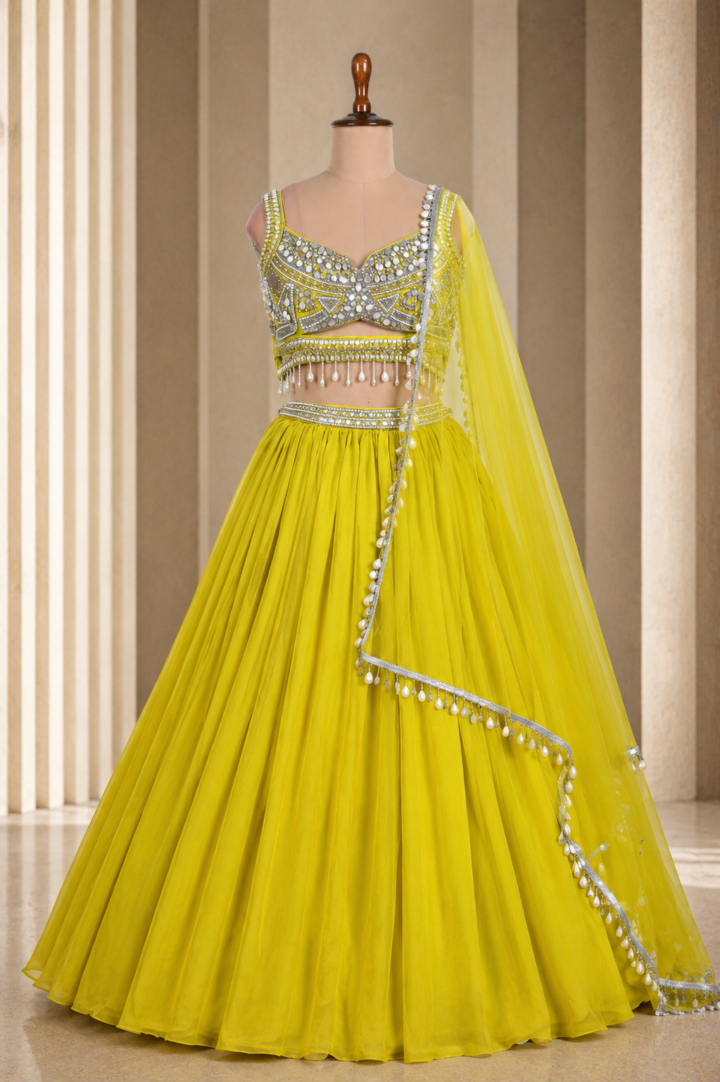 Designer Yellow Lehenga With Pearls And Designer Bead Work