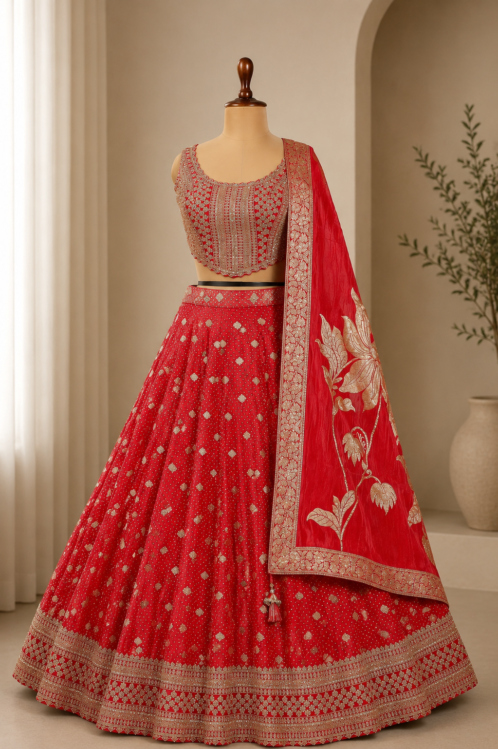 Bright Red Corset Lehenga With Weaving Seuqins And Zari Work