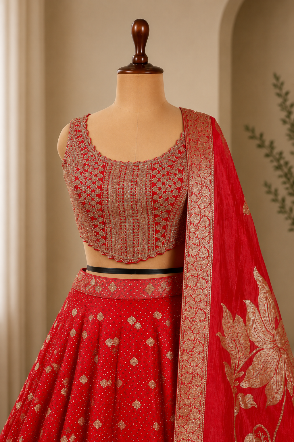 Bright Red Corset Lehenga With Weaving Seuqins And Zari Work