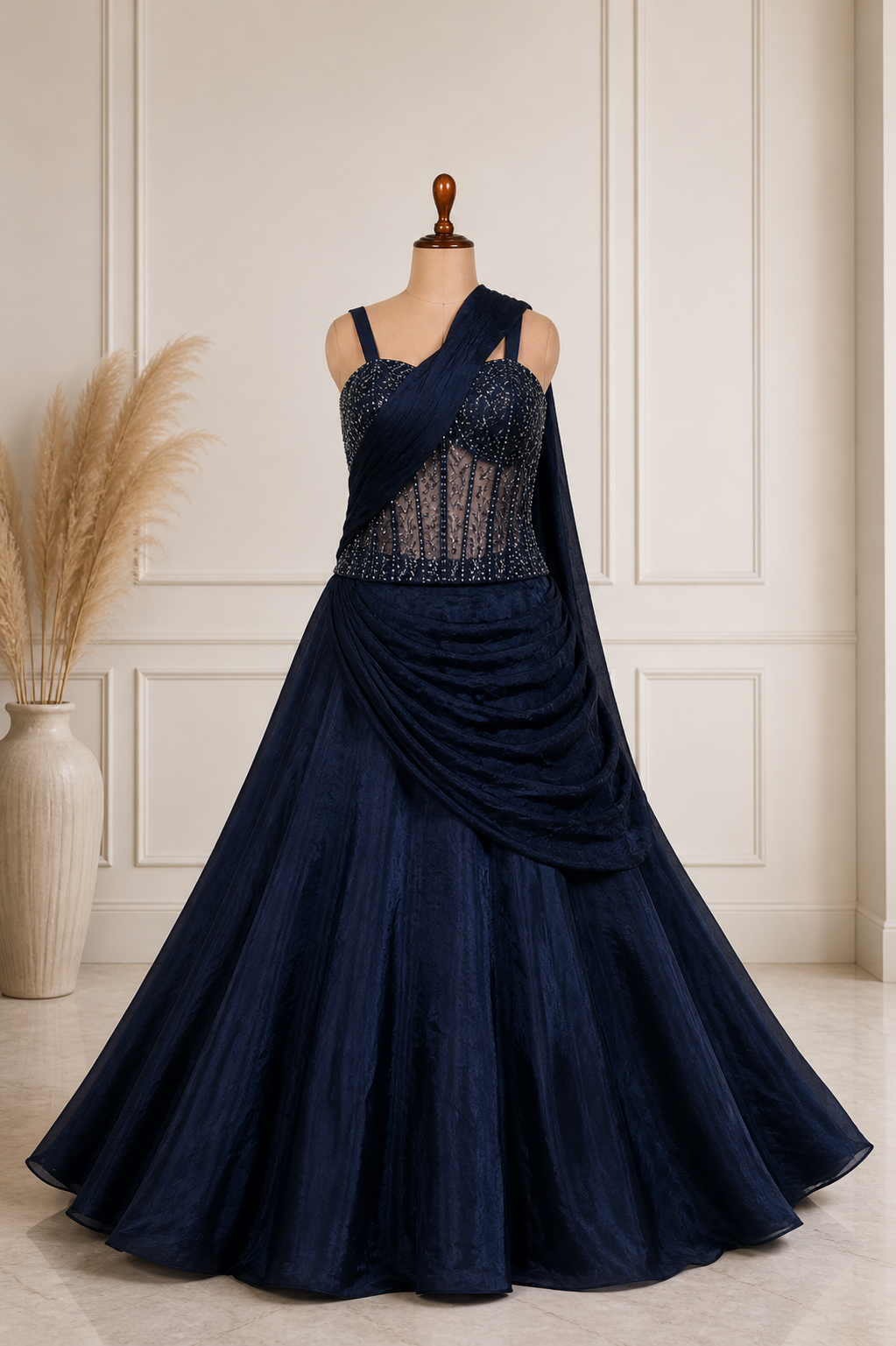 Incredible Navy Draping Corset lehenga With Cut Dana And Bead work