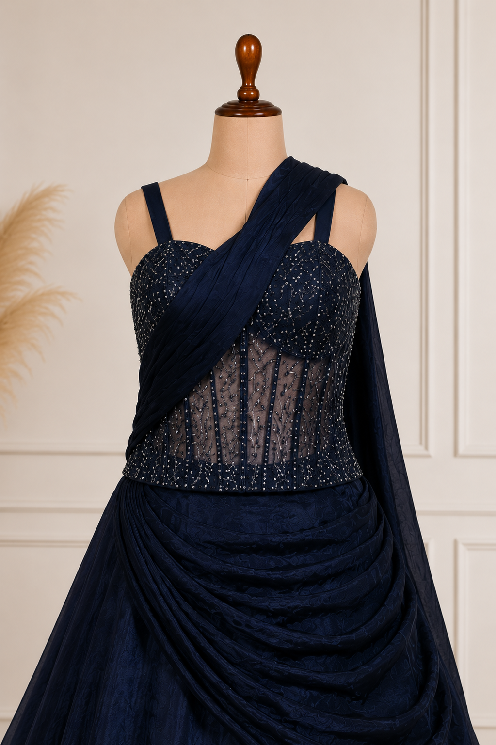 Incredible Navy Draping Corset lehenga With Cut Dana And Bead work