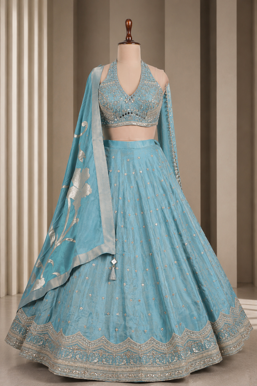 Gorgeous Sky Blue Lehenga With Mirror, Zari And Zardozi Work