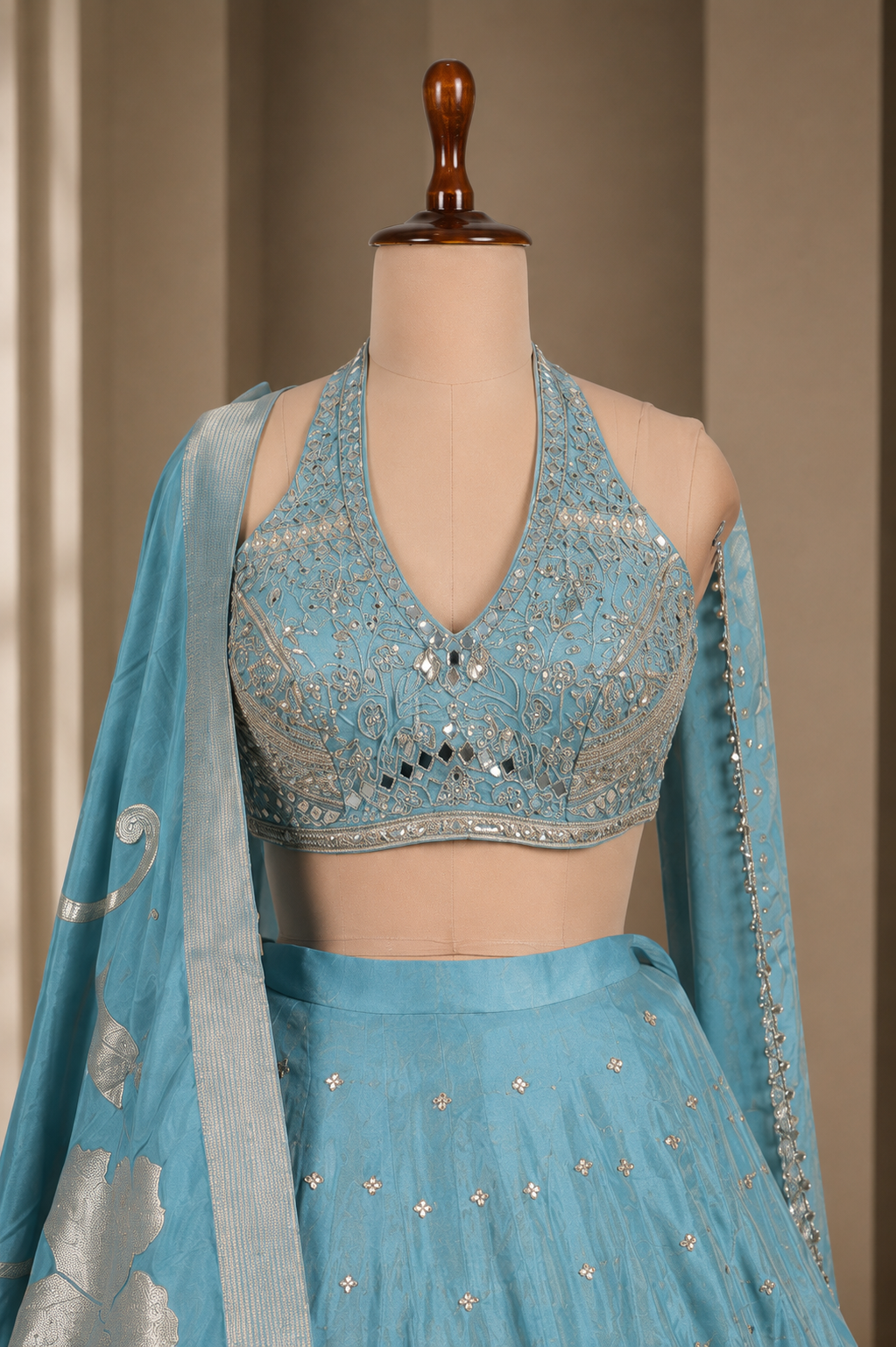 Gorgeous Sky Blue Lehenga With Mirror, Zari And Zardozi Work
