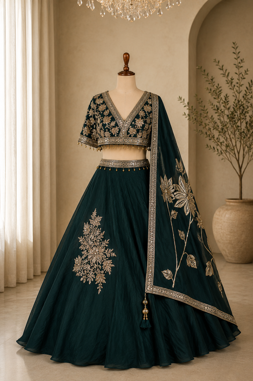 Stunning Designer Bottle Green Lehenga With Designer Sleeves