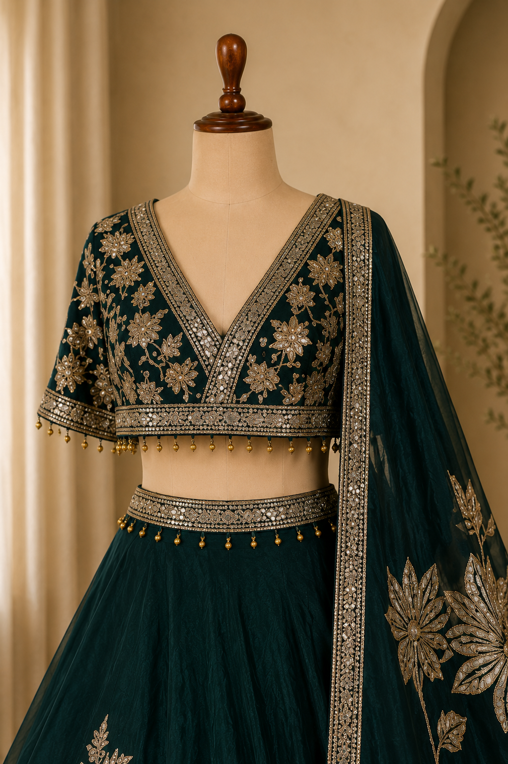 Stunning Designer Bottle Green Lehenga With Designer Sleeves