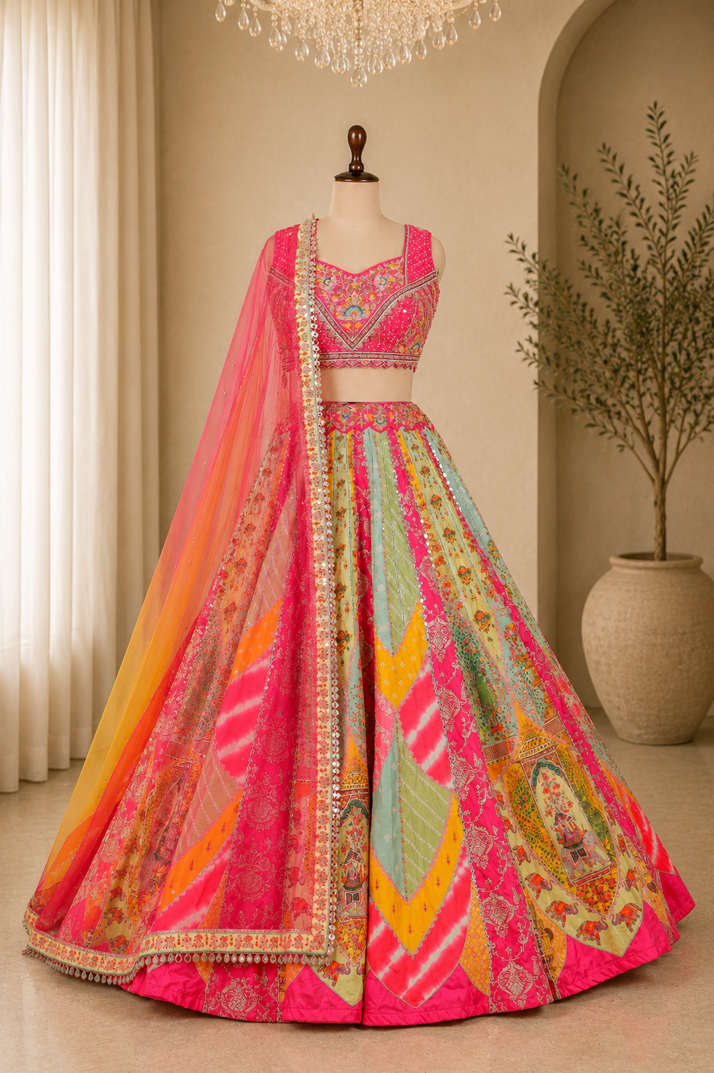 Attractive Multicolored Lehenga with Mirror, Zari And Pearl work