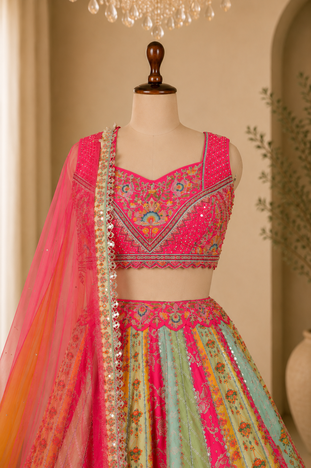 Attractive Multicolored Lehenga with Mirror, Zari And Pearl work