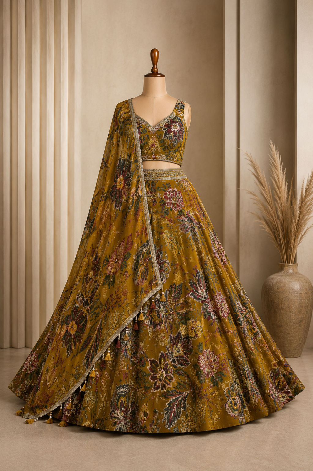 Digital Printed Organza Lehenga in Green