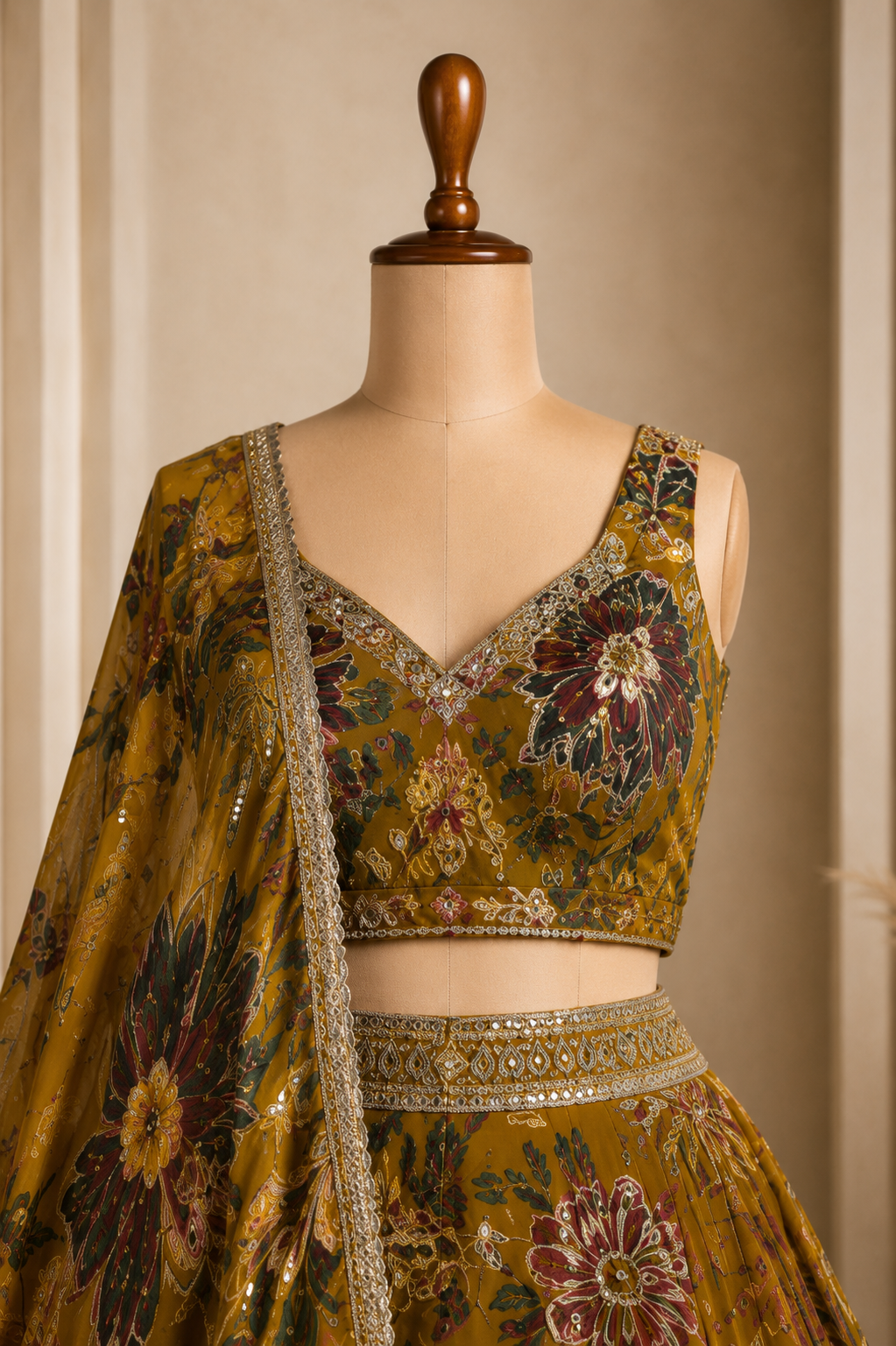 Digital Printed Organza Lehenga in Green