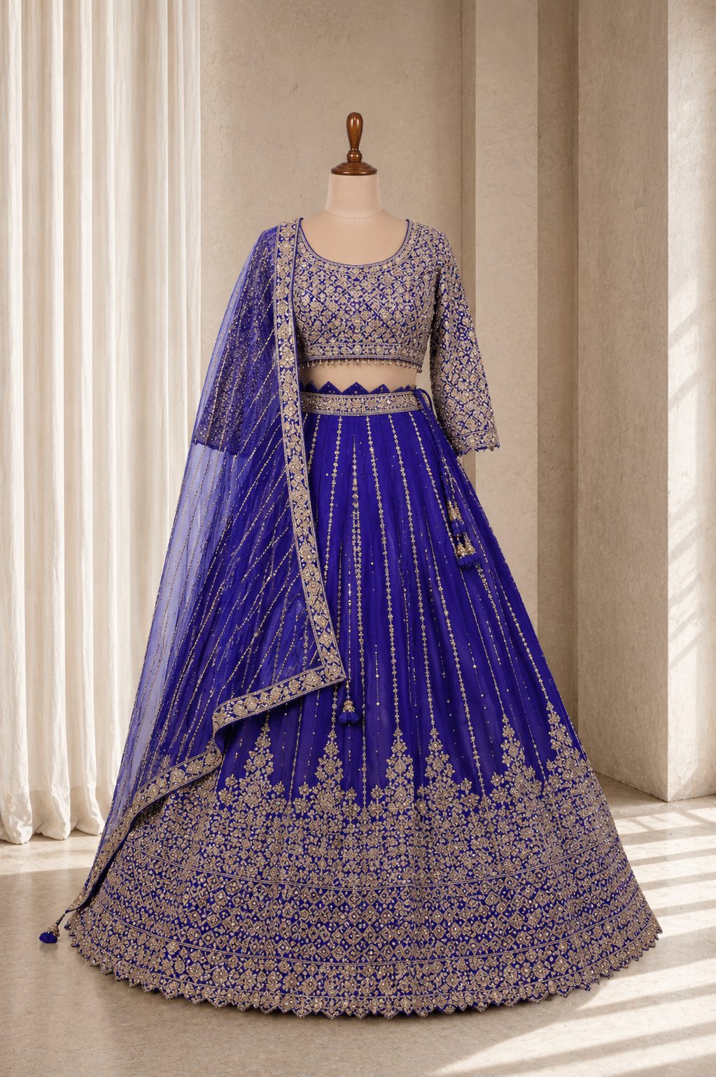 Elegant Royal Blue Lehenga With Zari And MIrror Work