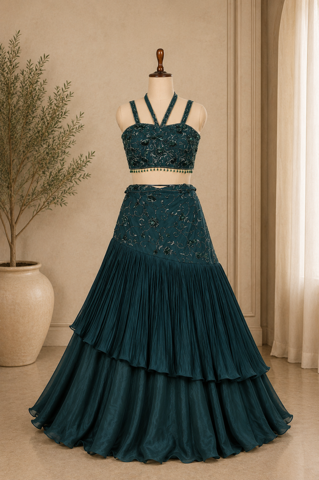 Gorgeous Designer Bottle Green Lehenga With Sequins And Cut Dana Work