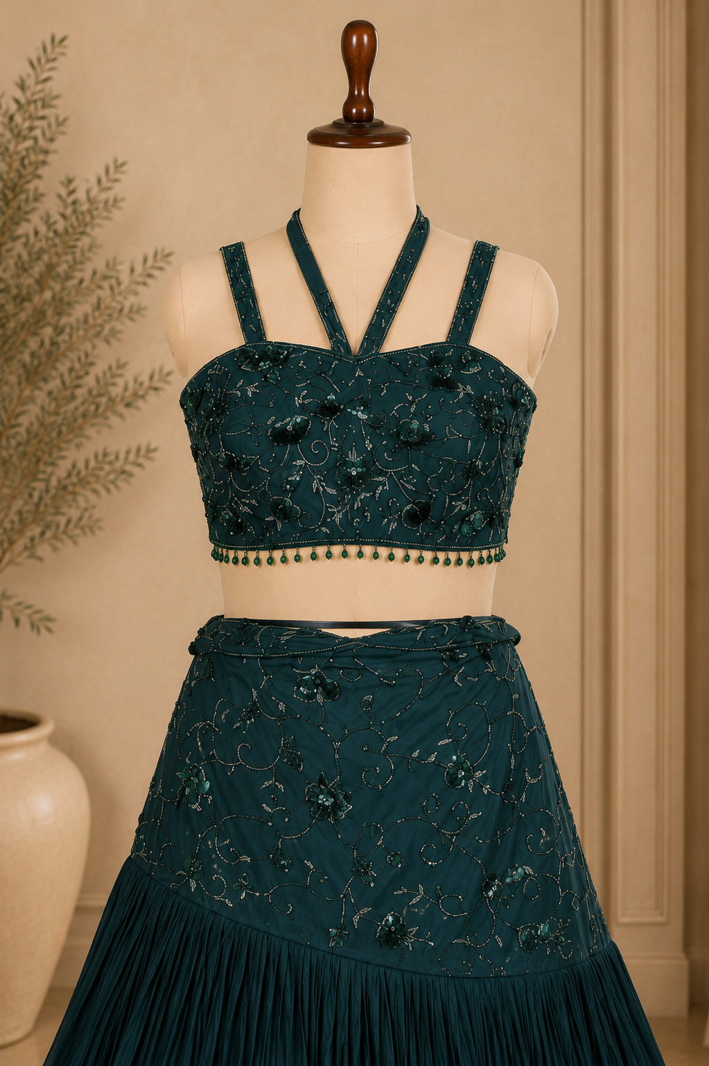 Gorgeous Designer Bottle Green Lehenga With Sequins And Cut Dana Work