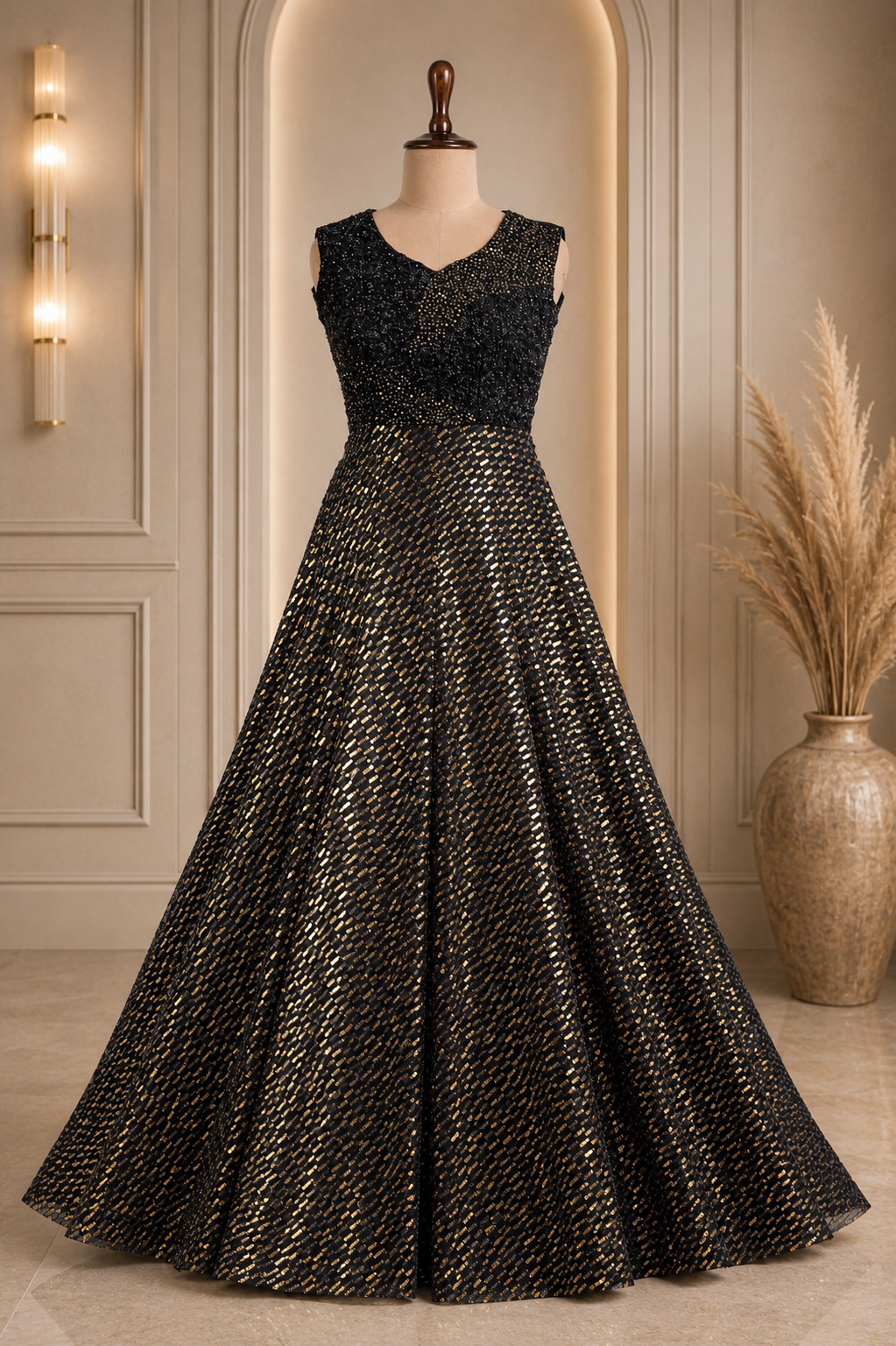 Dashing Black Gown With Contrasted Sequins And Cut Dana Work