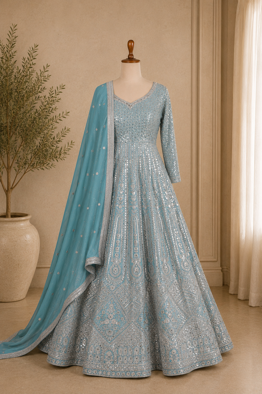 Flared Georgette Gown in Sky Blue Color with mirror and zari work