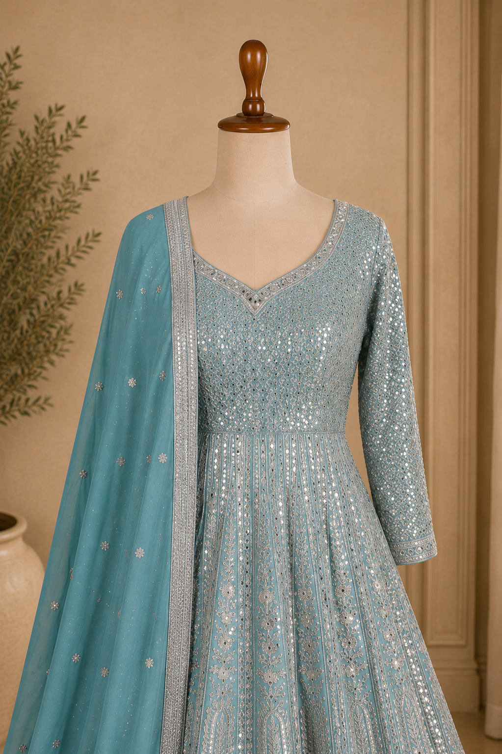 Flared Georgette Gown in Sky Blue Color with mirror and zari work