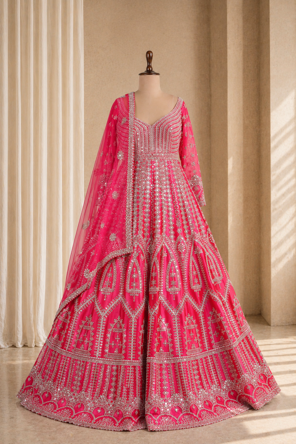 Stunning Red Rani Gown With Mirror Pearl And Zari Work