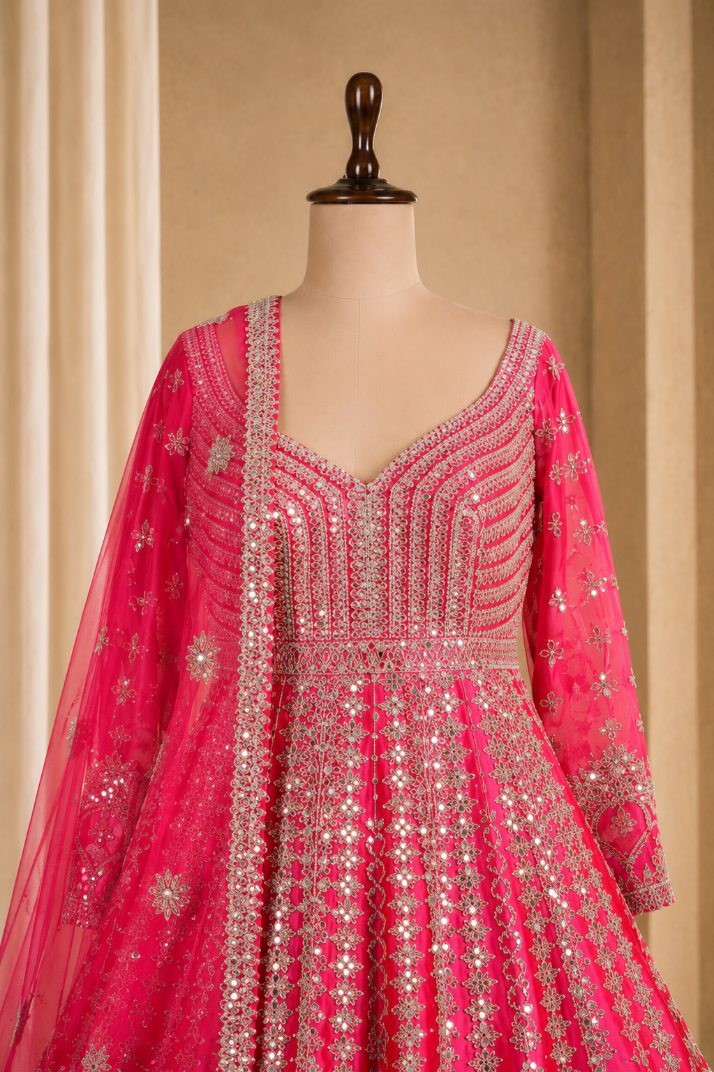 Stunning Red Rani Gown With Mirror Pearl And Zari Work