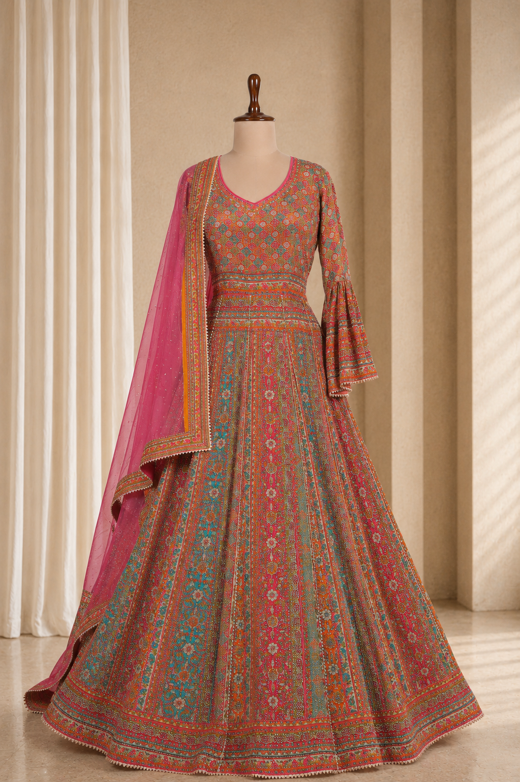 Flared Multicolored Gown With Printed And Swaroski Work