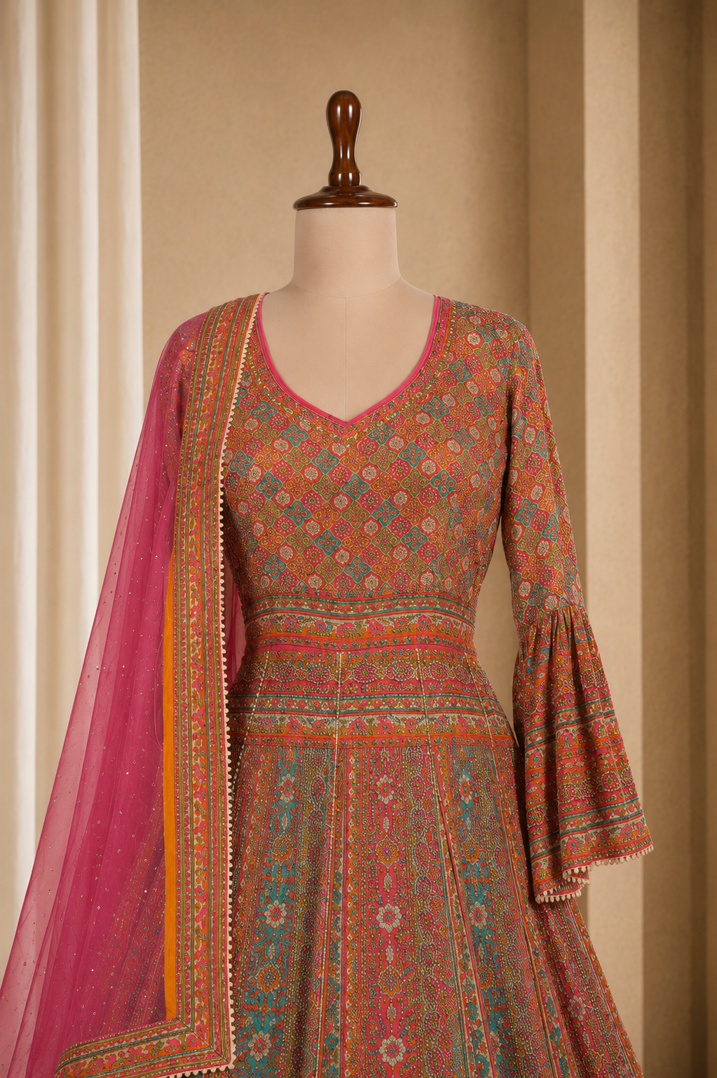 Flared Multicolored Gown With Printed And Swaroski Work
