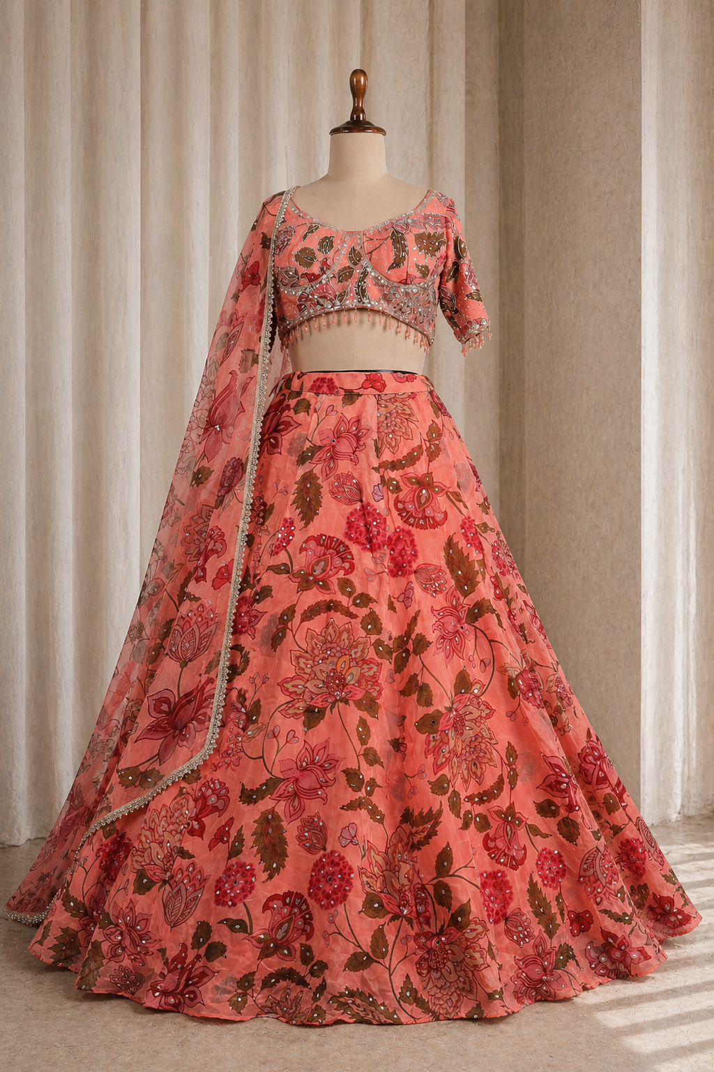 Attractive Peach-Multicolored Printed and Sequins Work Lehenga