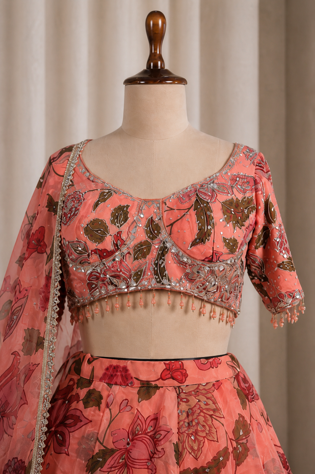 Attractive Peach-Multicolored Printed and Sequins Work Lehenga