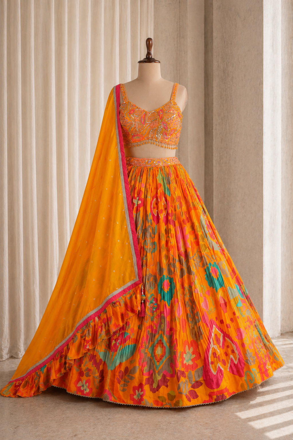 Sequined Orange Georgette Lehenga in Multi Color