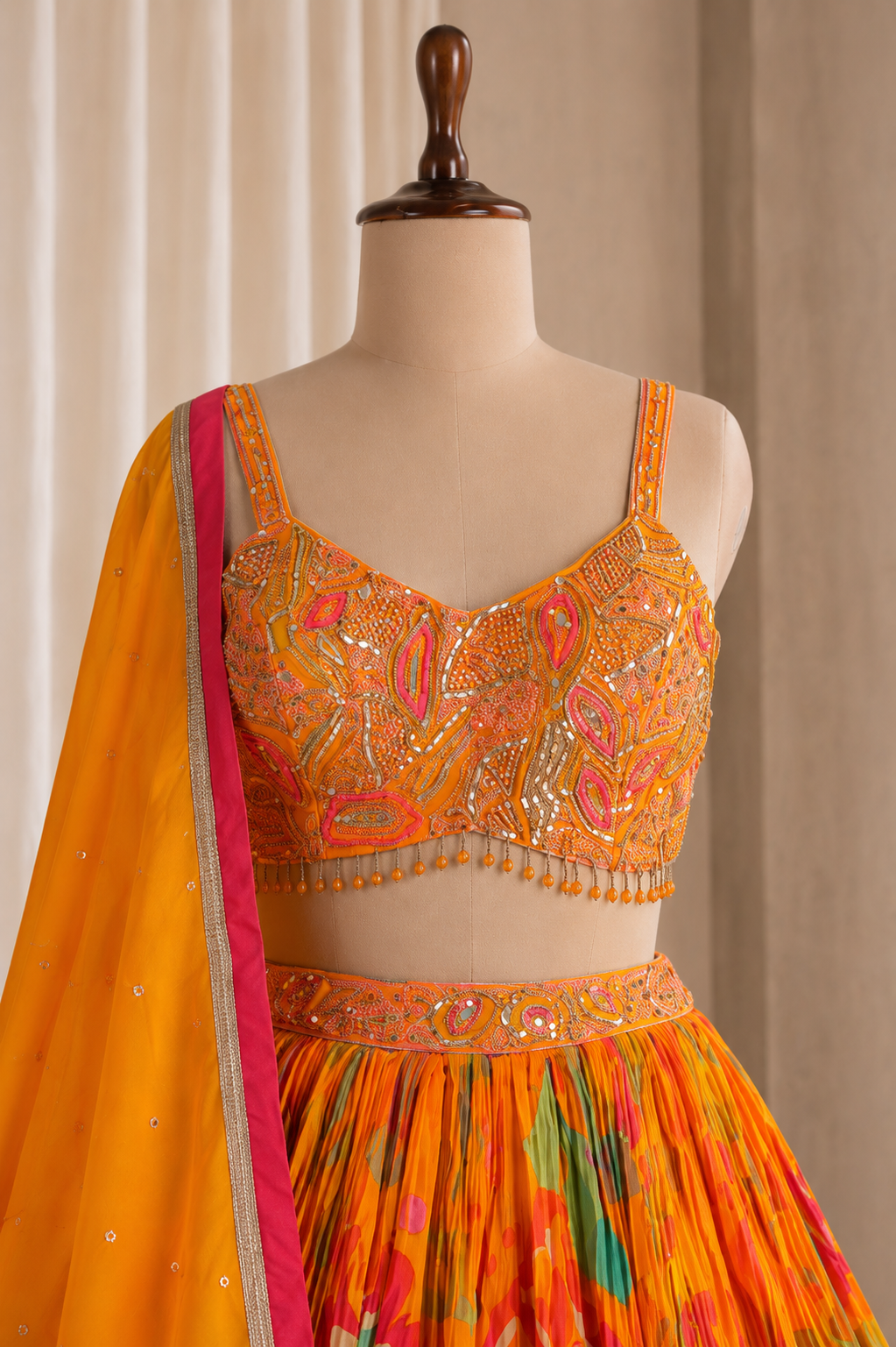Sequined Orange Georgette Lehenga in Multi Color