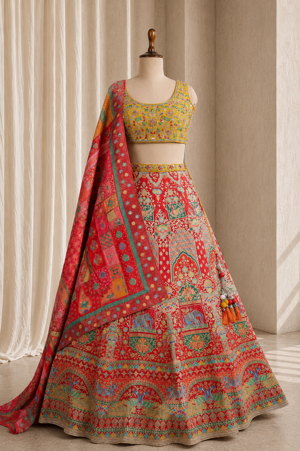 Yellow-red Traditional Lehenga With thread, mirror and sequins Work